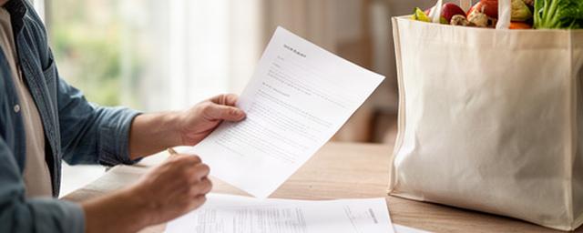 Persona che consulta un documento sulla privacy al tavolo di casa accanto a una borsa della spesa