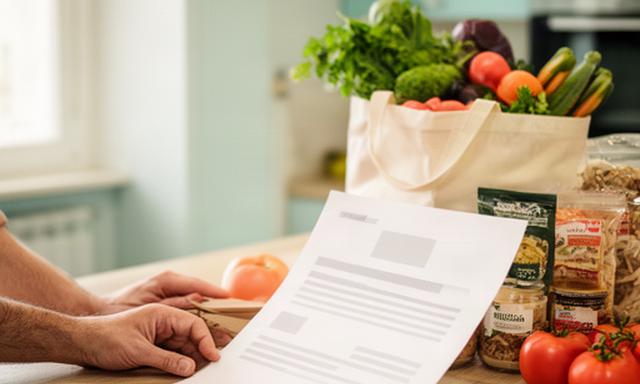 Mani che consultano un documento accanto a una spesa ordinata in una cucina di Faenza